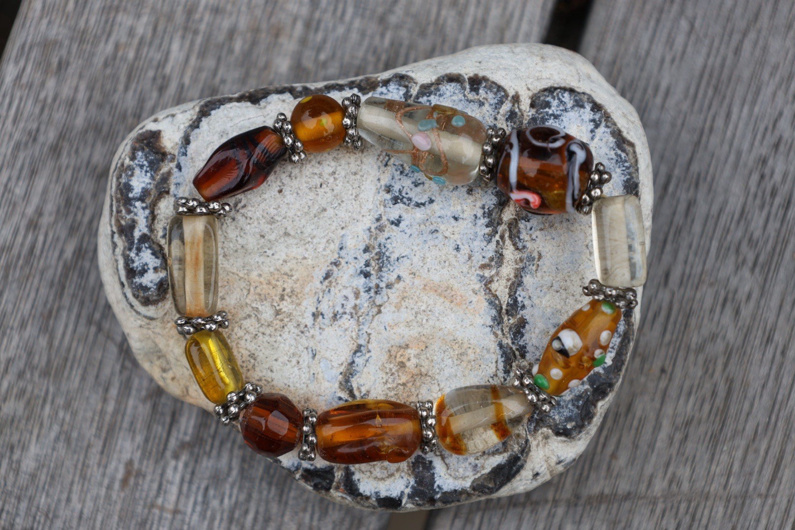 Vintage Lampwork Art Glass Bead Bracelet Amber Millefiori Stretch Boho Statement