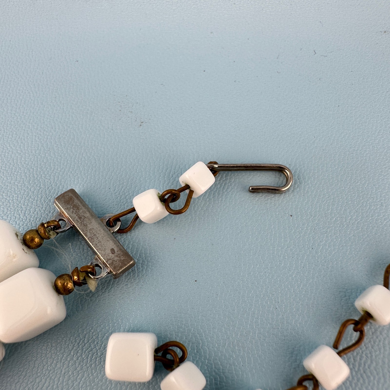 Vintage White Milk Glass Necklace Double Strand Square Shape Bead Retro Mod 18″
