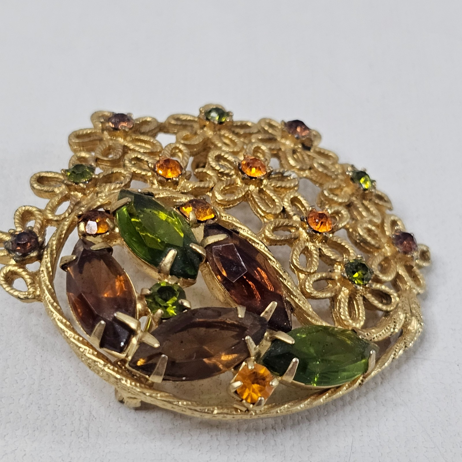Gold Tone Floral Brooch Fall Colors Open Work Navette Rhinestone Unmarked Pin