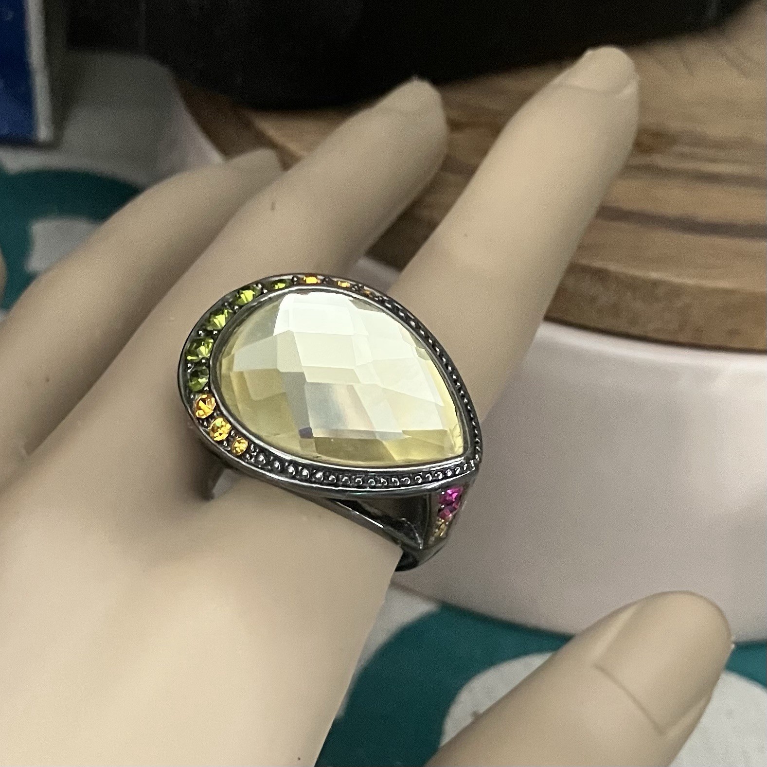 HSN Designer Signed M & CN Multi Gemstone Yellow Teardrop Faceted Cocktail Ring