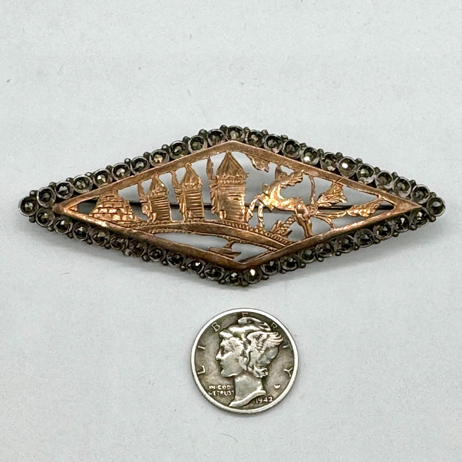 Antique 900 Silver C-Clasp Greek Design Marcasite Lozenge Brooch