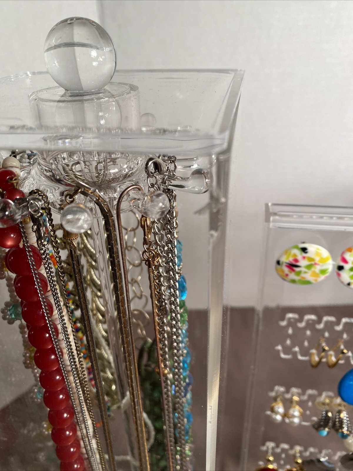 Vintage Lot 60 Pairs Earrings, 15 Necklaces & Acrylic Displays Monet, Avon