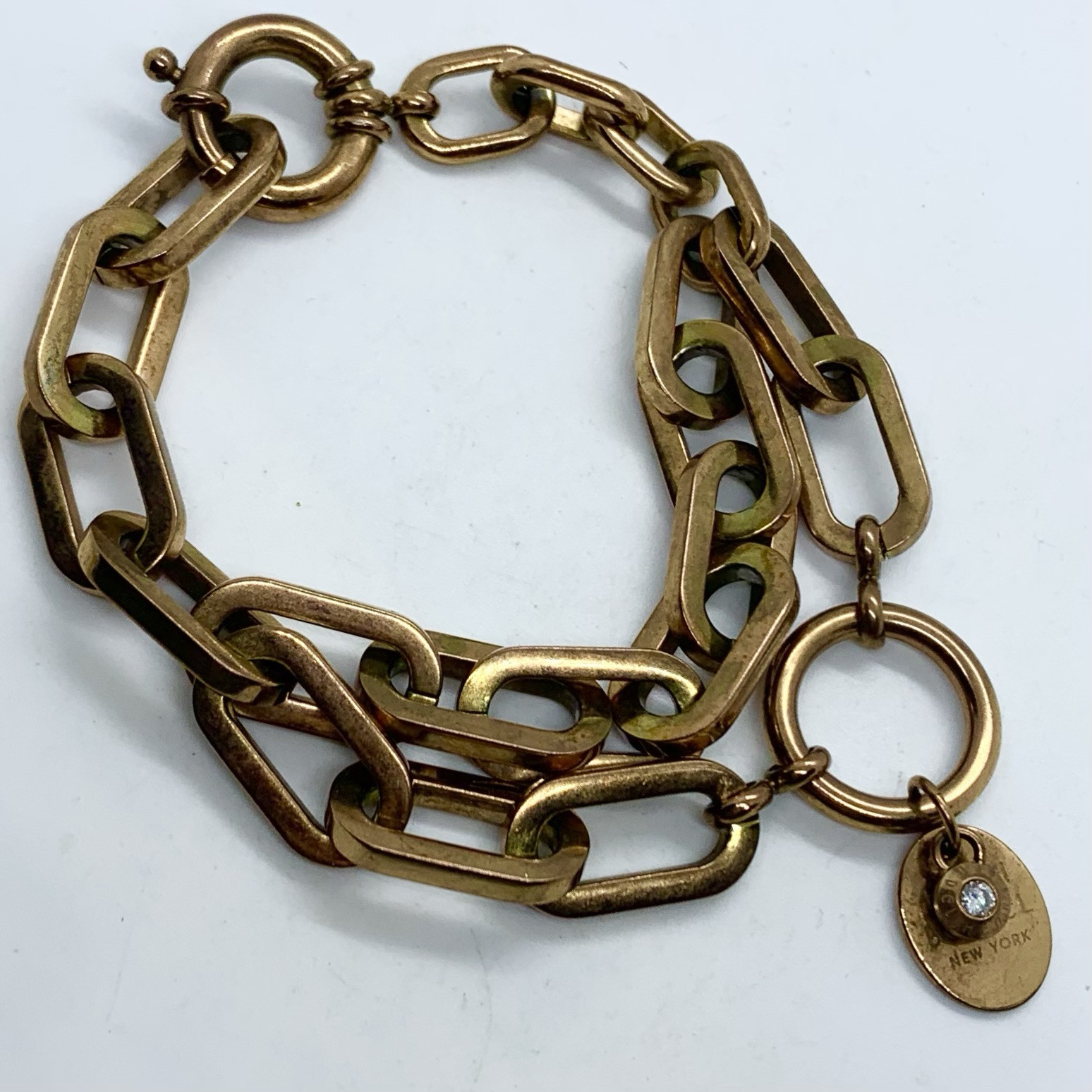 VTG HENRI BENDEL DESIGNER COPPERTONE BIG CHAIN LINK CHARM BRACELET 7.25” SIGNED