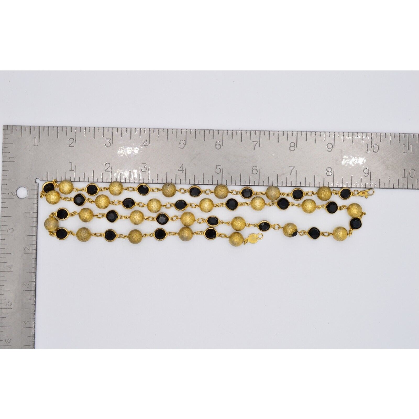 Austrian Crystal USA Vintage Necklace Black Open Bezel Gold Ball Signed 80s Bin8
