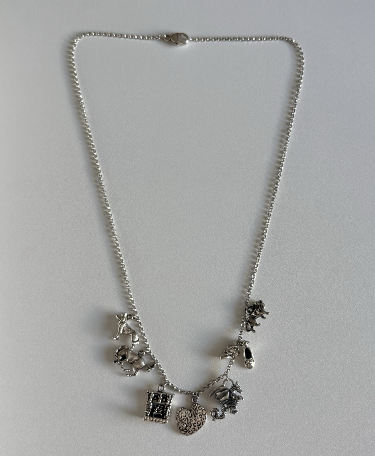 VTG Charm Necklace Sterling Silver 20” Rolo Chain 3D Assorted 7 Wolf Horse Lion