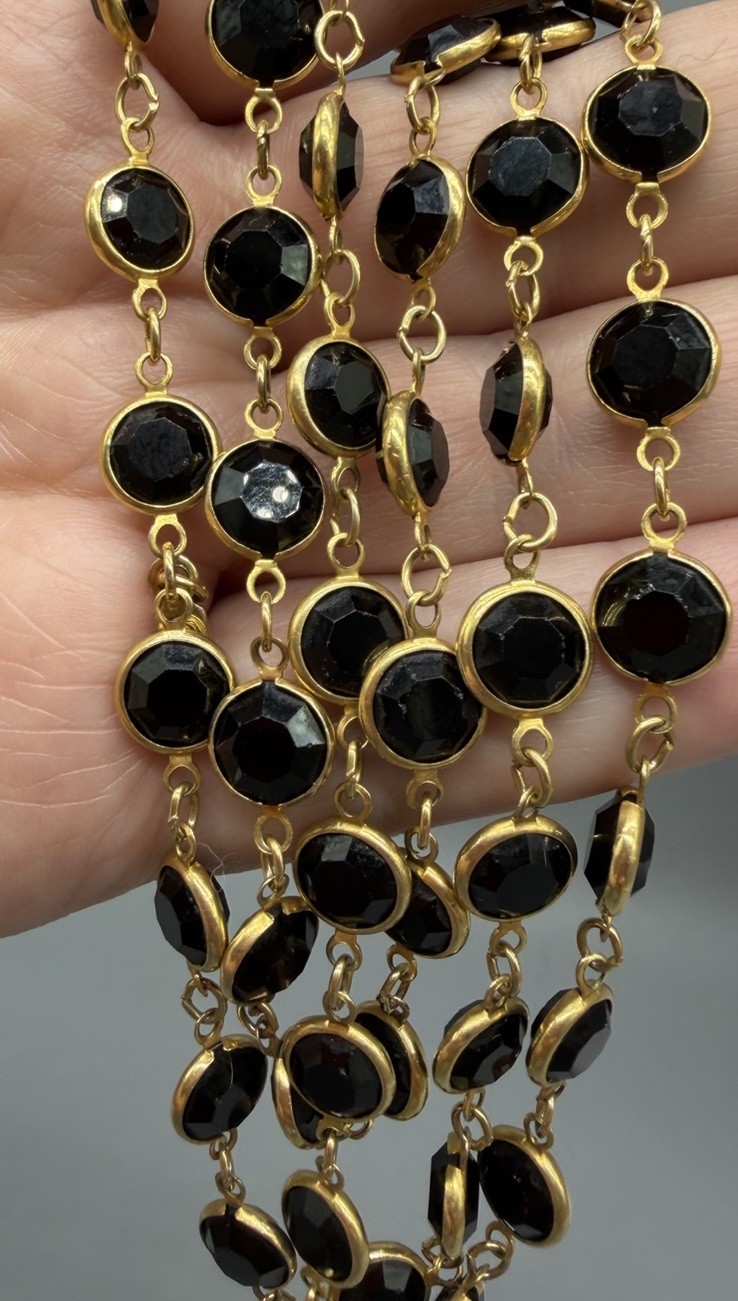 Swarovski Crystal Necklace Bezel Set Black Faceted Crystals Long Gold Tone 35”