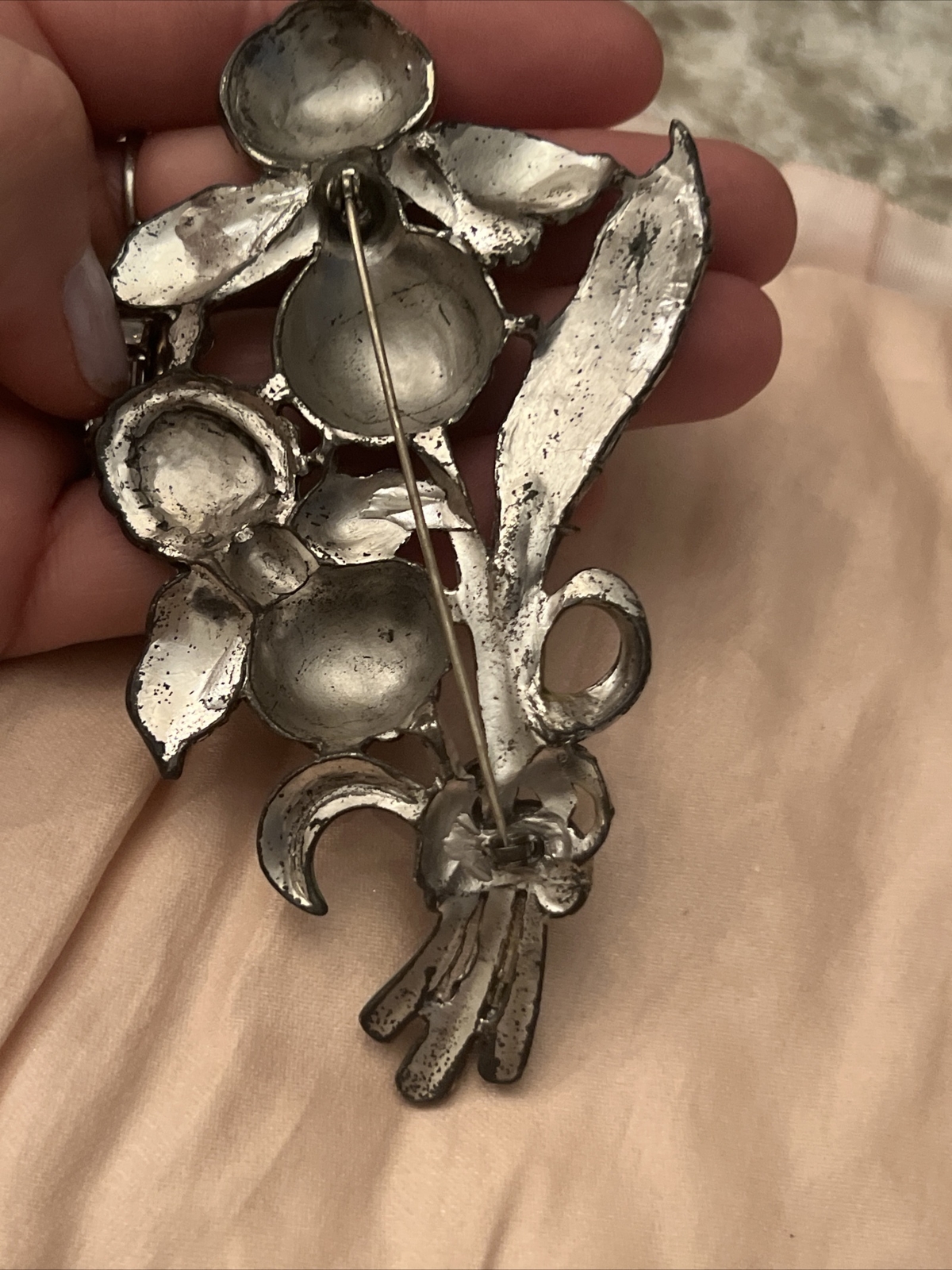 antique pin Flower Enamel Paint Rhinestone Marcasite Metal 4.25” brooch large
