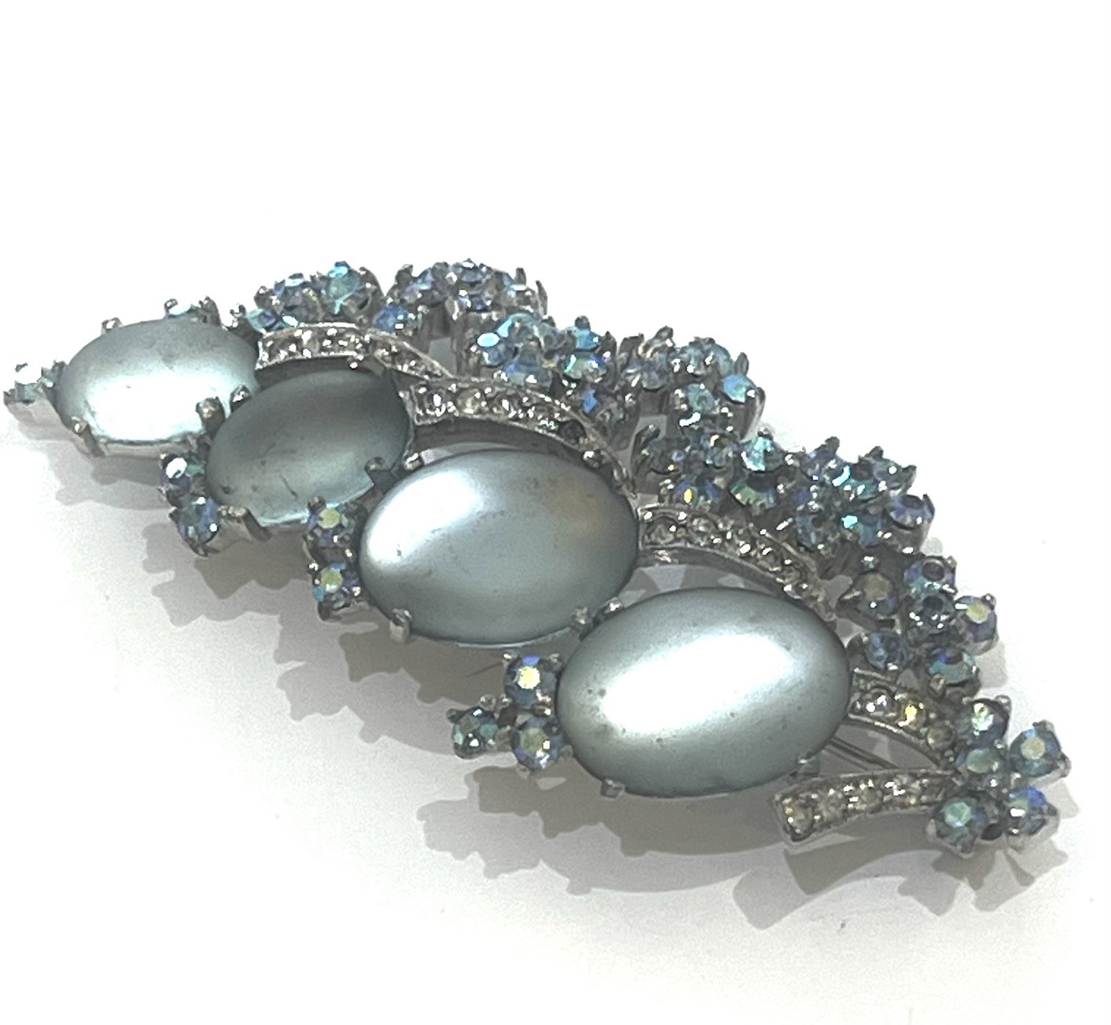 Jomaz Blue AB Stones & Frosted Oval Cabochons Brooch Signed