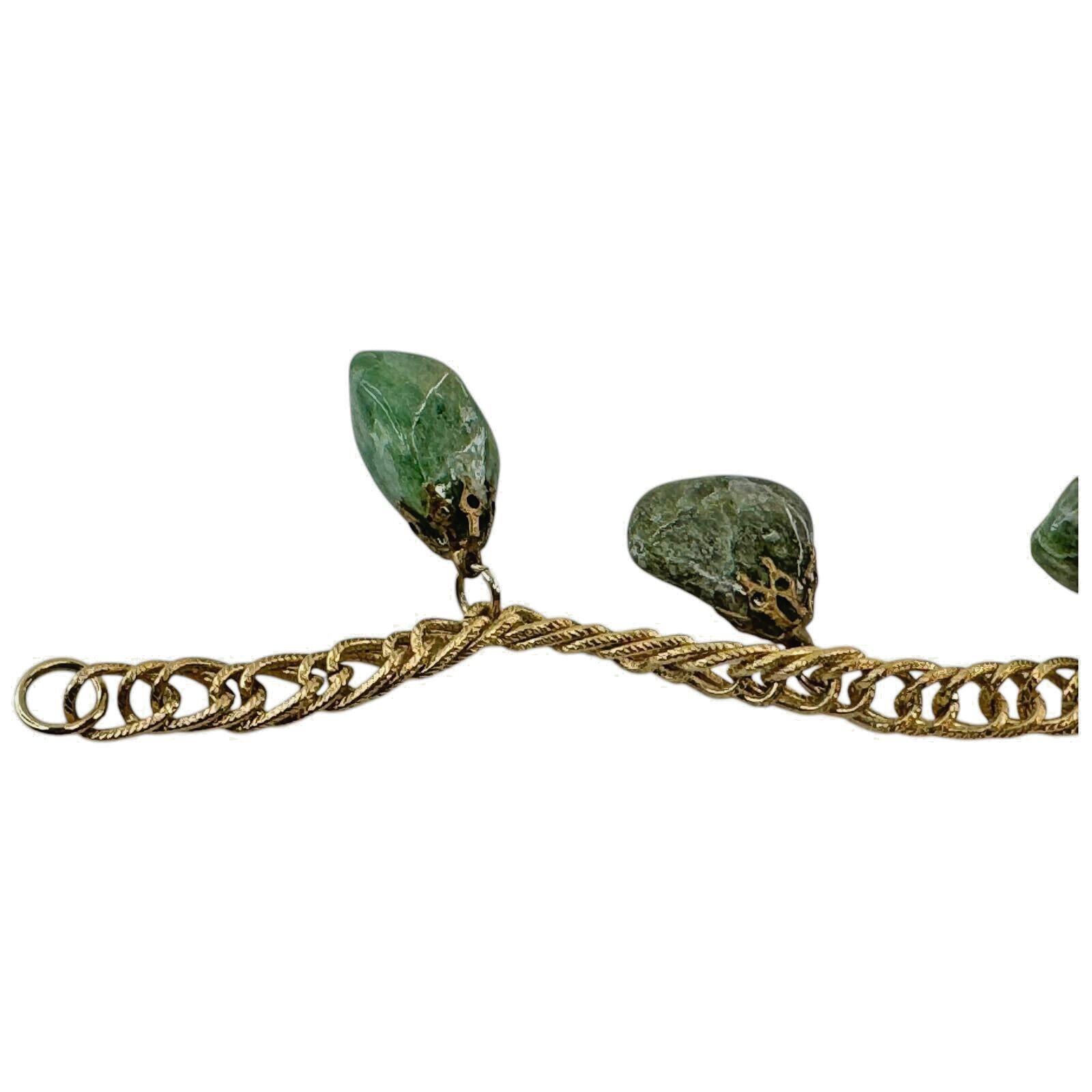 Vintage Epidote Polished Jadeite Stone Womens Chain Bracelet Green Gold Tone