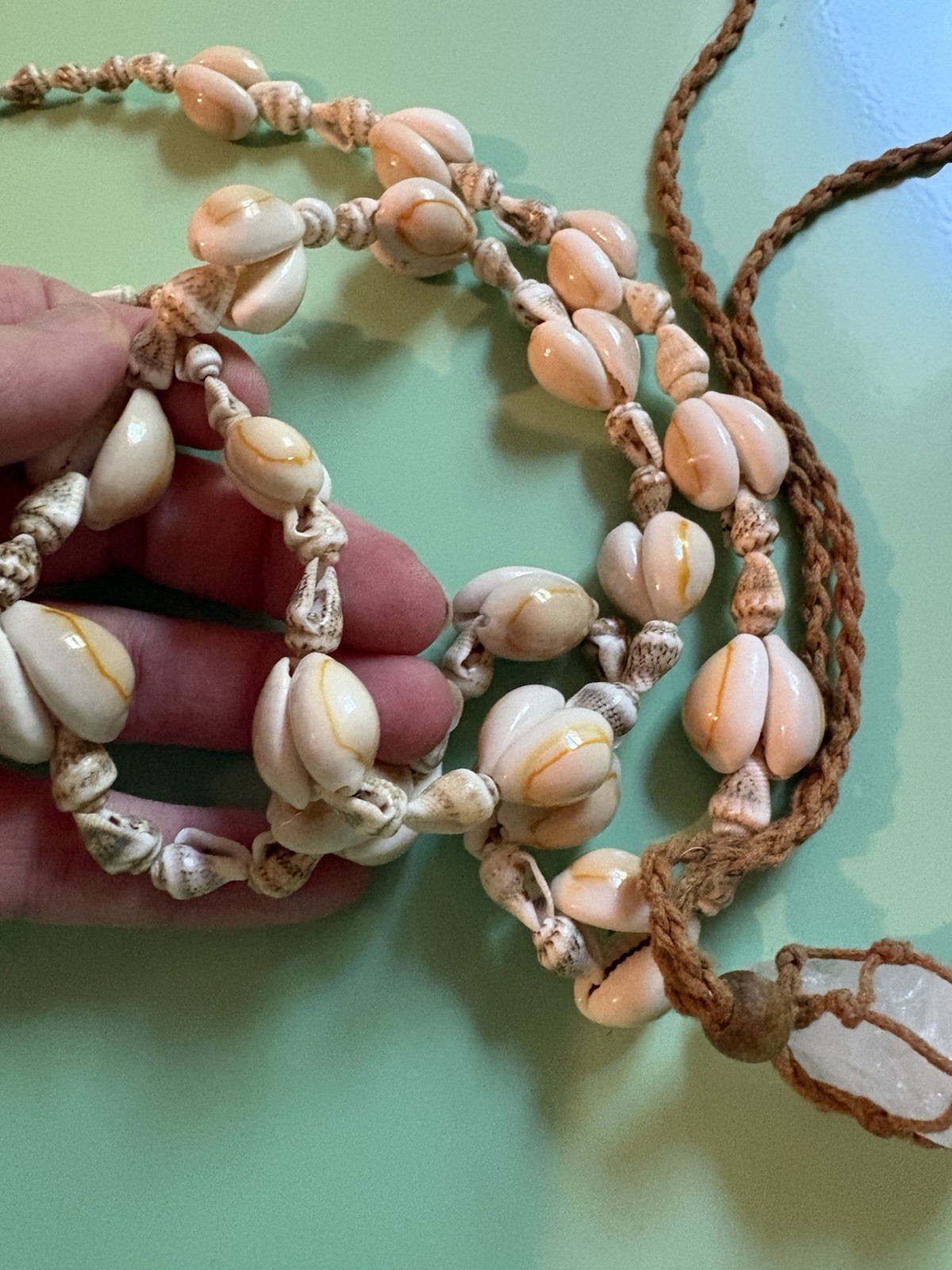 Vintage Shell And Macrame Quartz Necklace Set-boho-hippy-natural-earthy-crystal