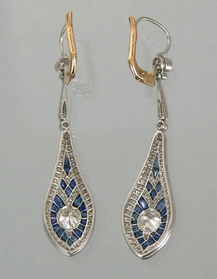Art Deco Style Sapphire & Diamond Drop Dangle Wedding 14k White Gold FN Earrings