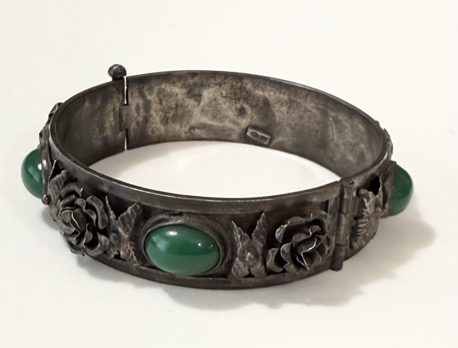 1930s BAUSI BRUNO Italy 800 Silver Chrysoprase 3D Roses Hinged Bangle 44g