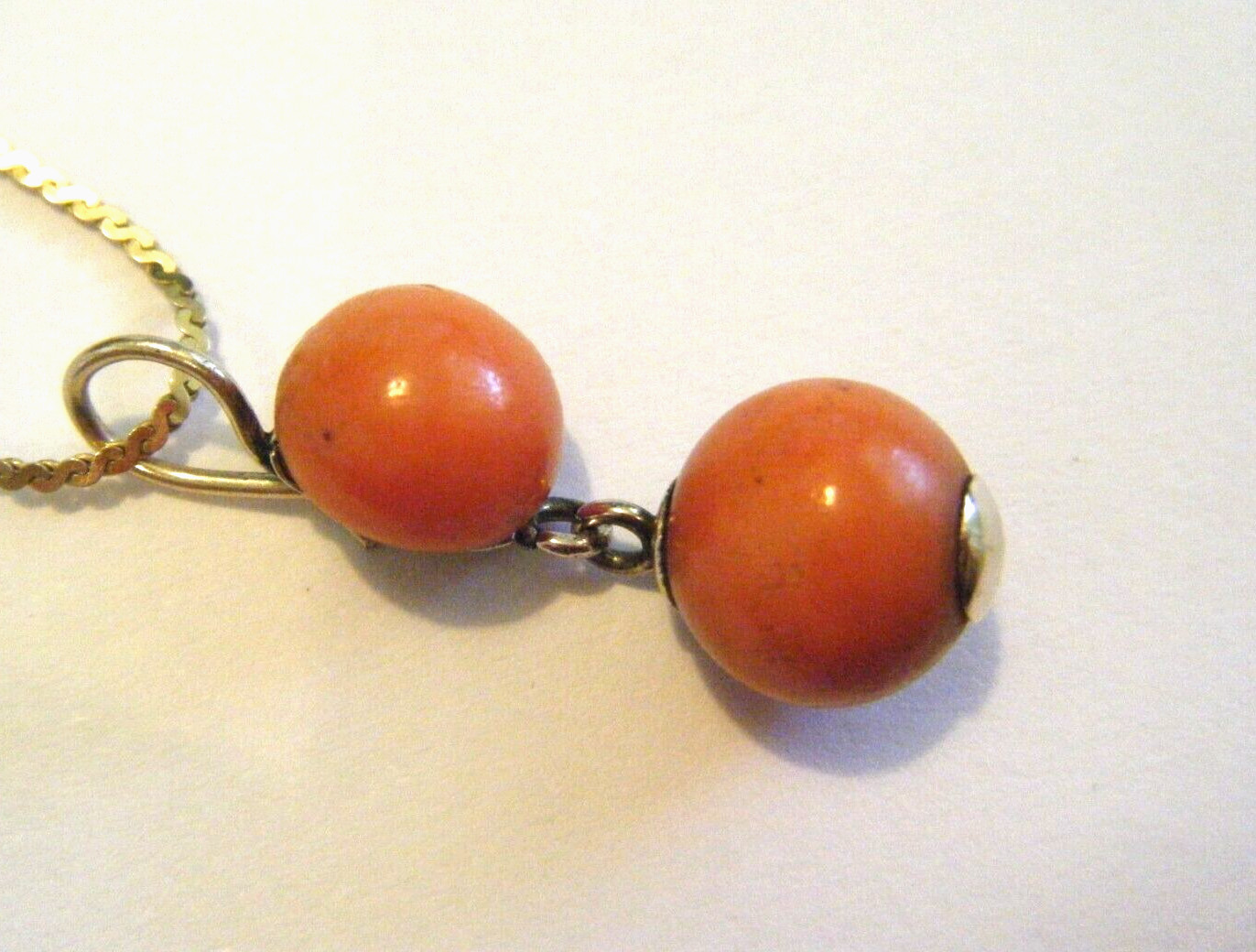 Antique Edwardian 10K Gold Salmon Coral 8 and 9mm Drops Pendant 2.7g