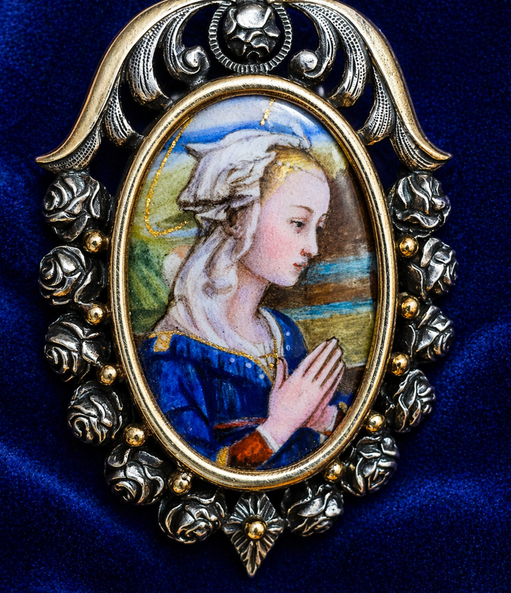 Antique Art Nouveau Silver & 18K Gold Enamel Virgin Pendant Hand Painted Medal
