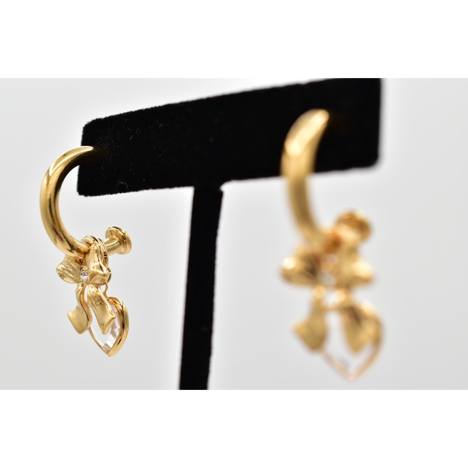 Vintage Hoop Charm Earrings Bow Crystal Bezel Heart Dangle Drop 1990s BinW
