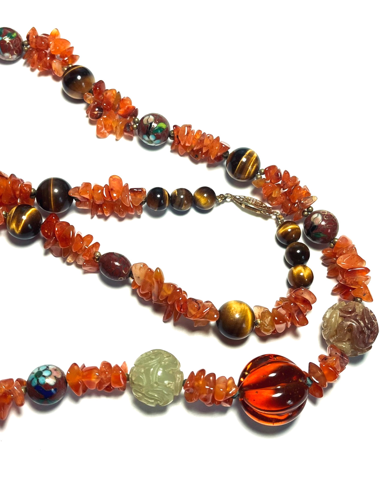 VTG Chinese Carved Jade Balls, Tiger’s Eye, Cloisonne & Carnelian Stone Necklace