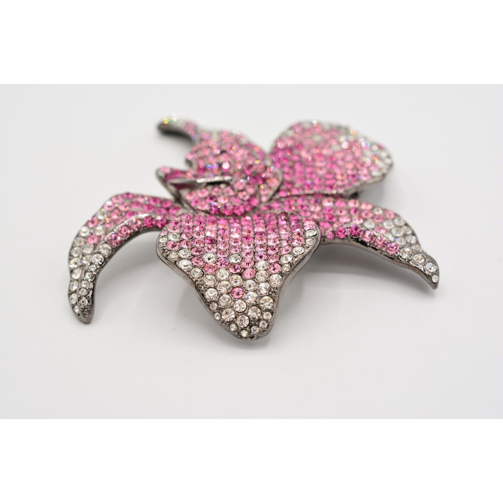 PJM Crystal Flower Brooch Pin 4″ Rhinestone Pink Gunmetal Vintage Signed BinV