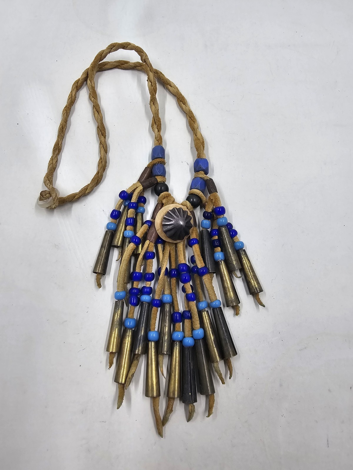 Vintage Leather Cord Necklace Brass Metal Cone Fringe Tassel Blue Beads