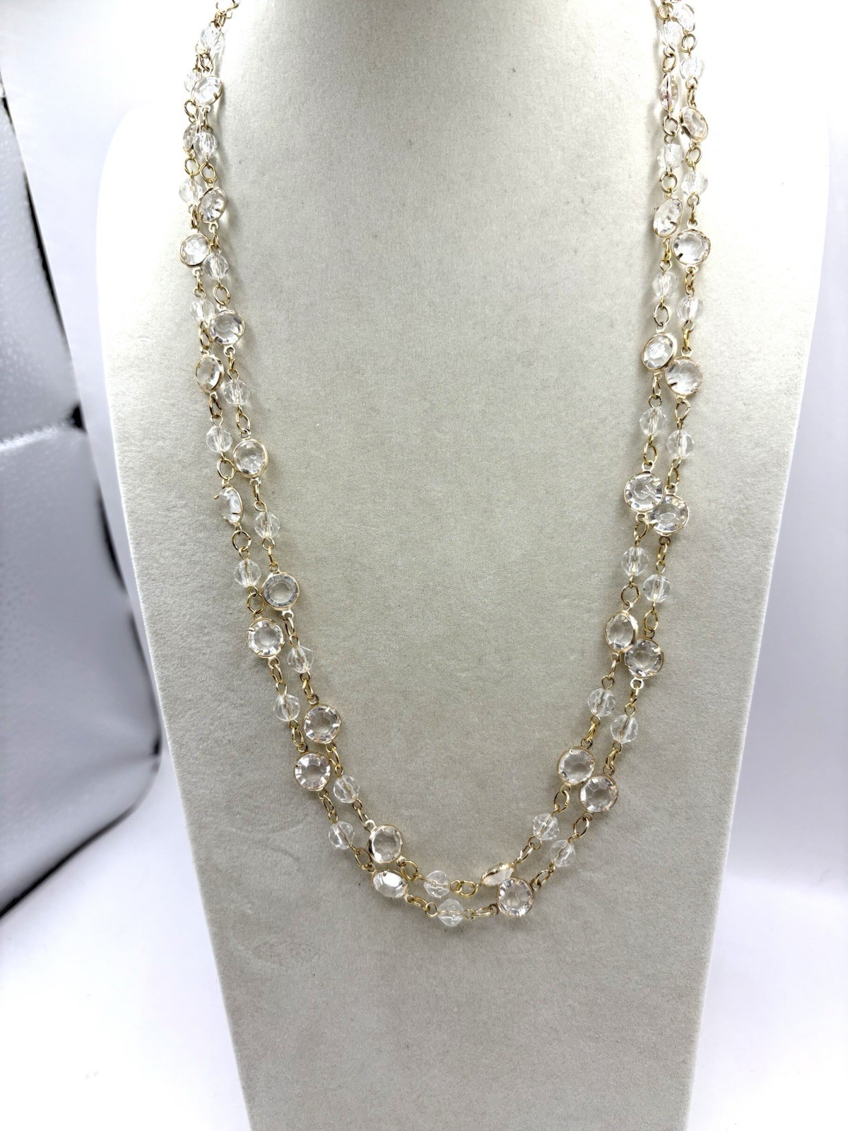 Gold Tone Bezel Set Acrylic Crystal Long Necklace VTG NOS 50”
