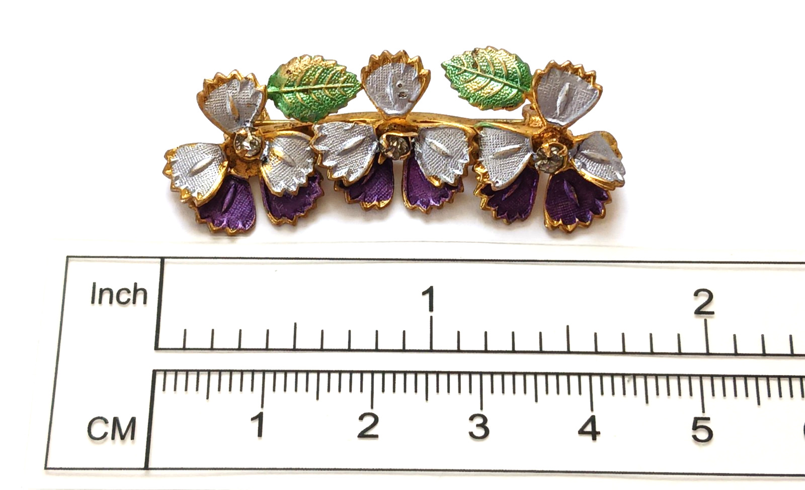 Antique Bar Pin ~ Enamel Pansy Flowers Rhinestones “C” Clasp