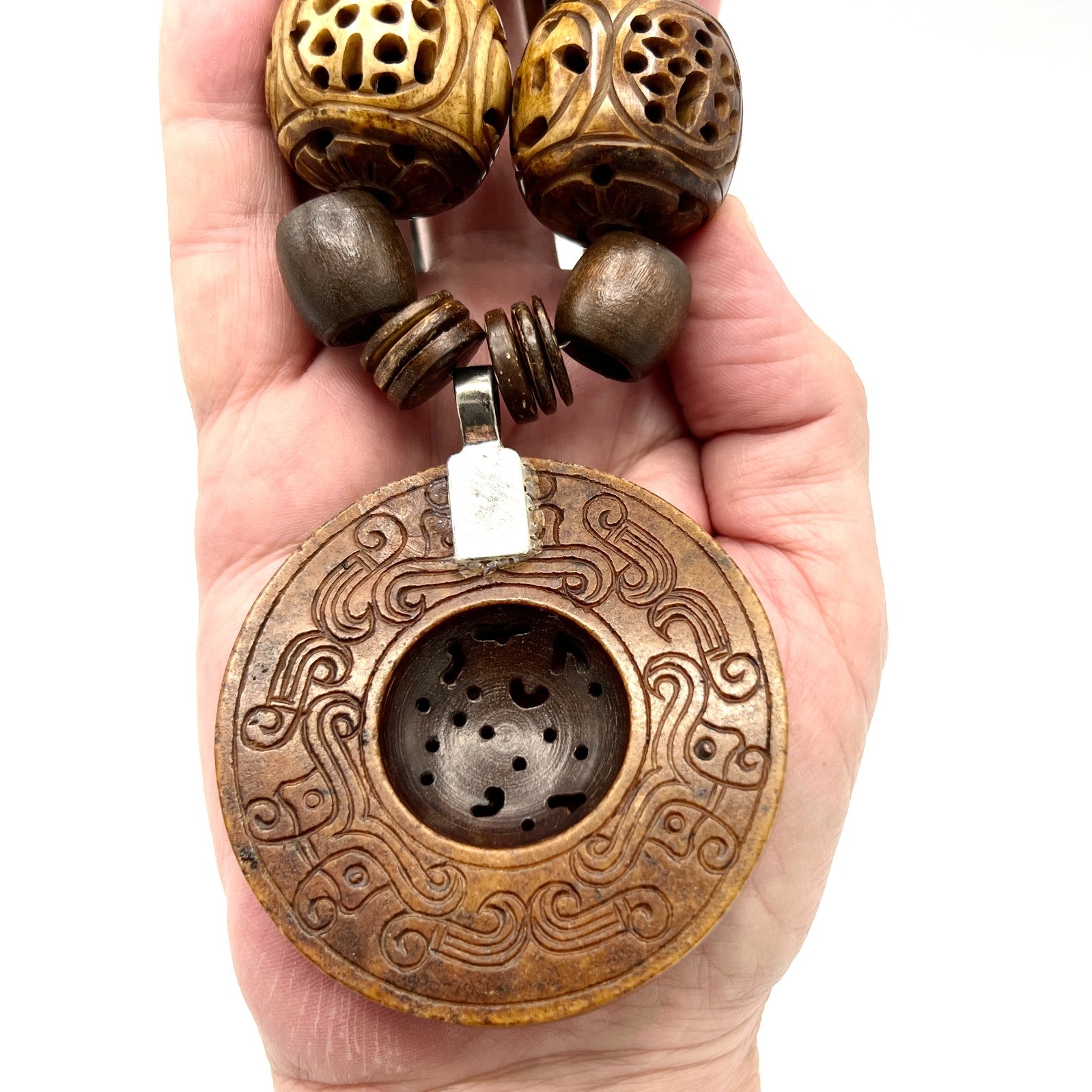 Chunky Vtg Artisan Carved Wood Bead Necklace-Asian Style Ceramic Medal Pendant