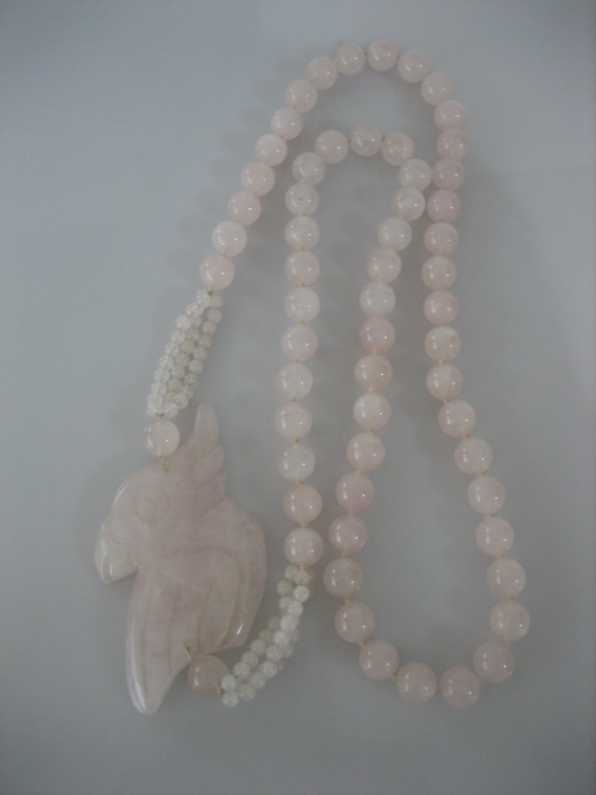 Vintage Rose Pink Quartz Parrot Hand Knotted Bead Pendant Necklace