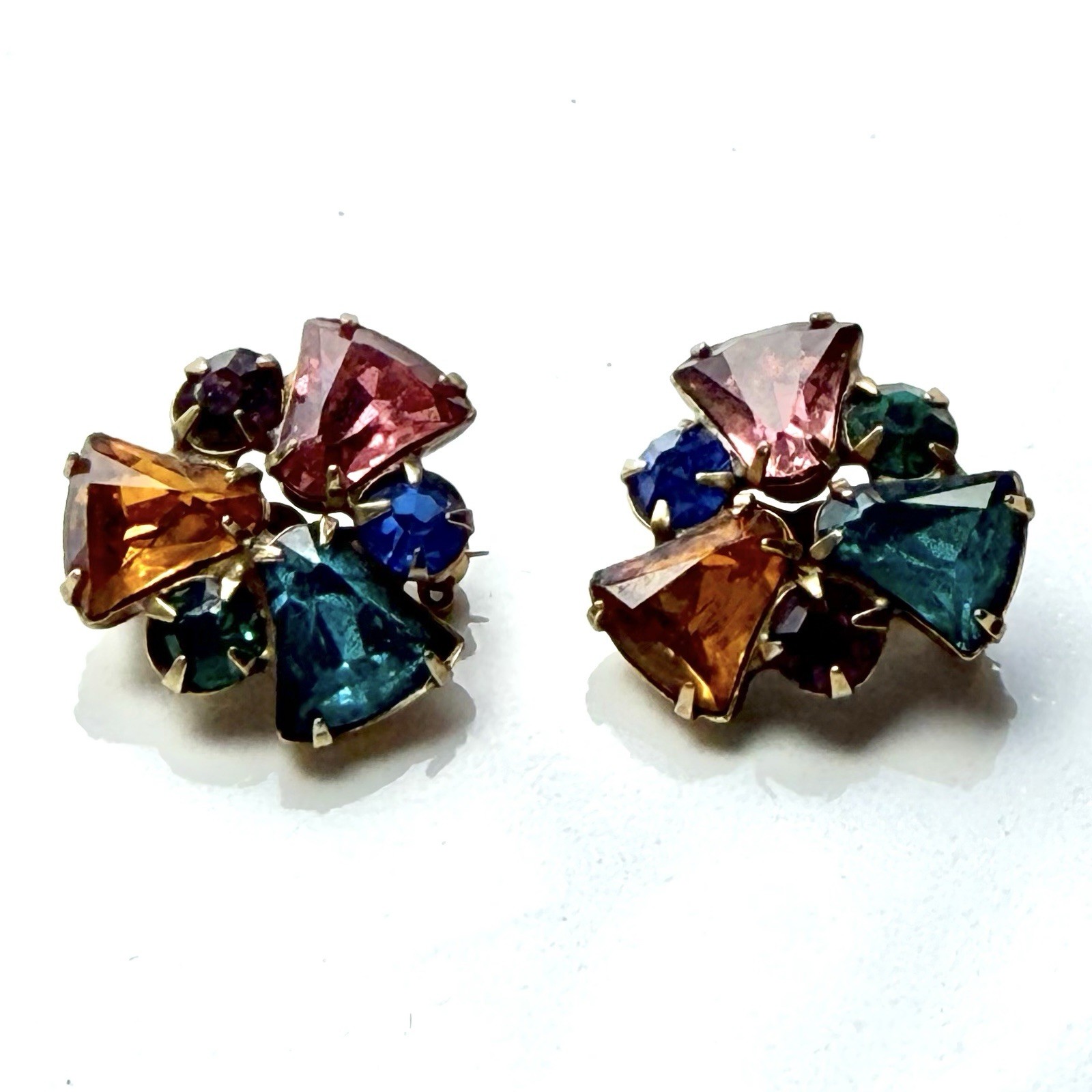 Vintage Rhinestone Scatter Collar Brooch / Pin Pair Multicolor Stones Gold Tone