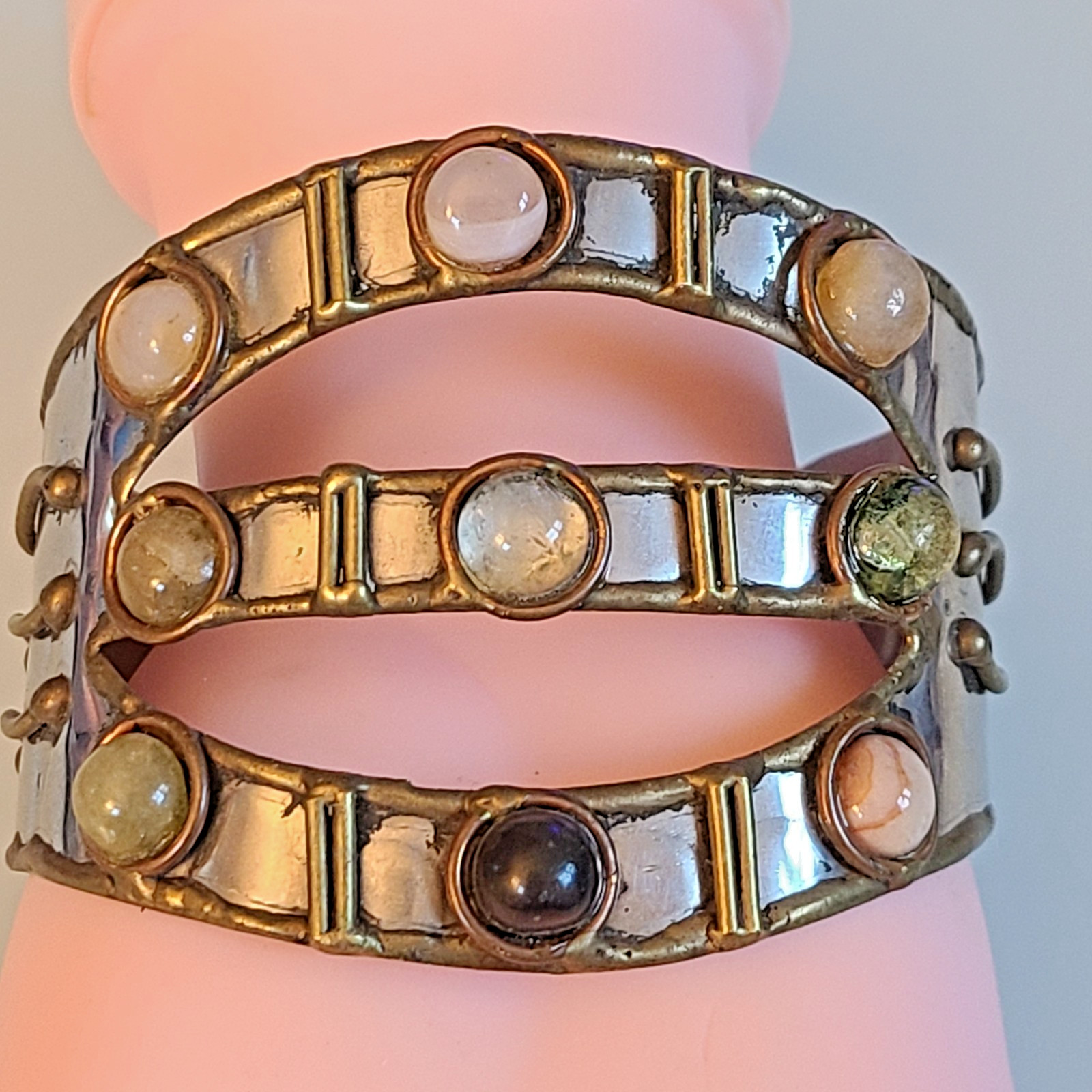 VTG Brutalist Mixed Metal Cuff Bracelet 2″ Wide Artisan Multi-Gem Statement