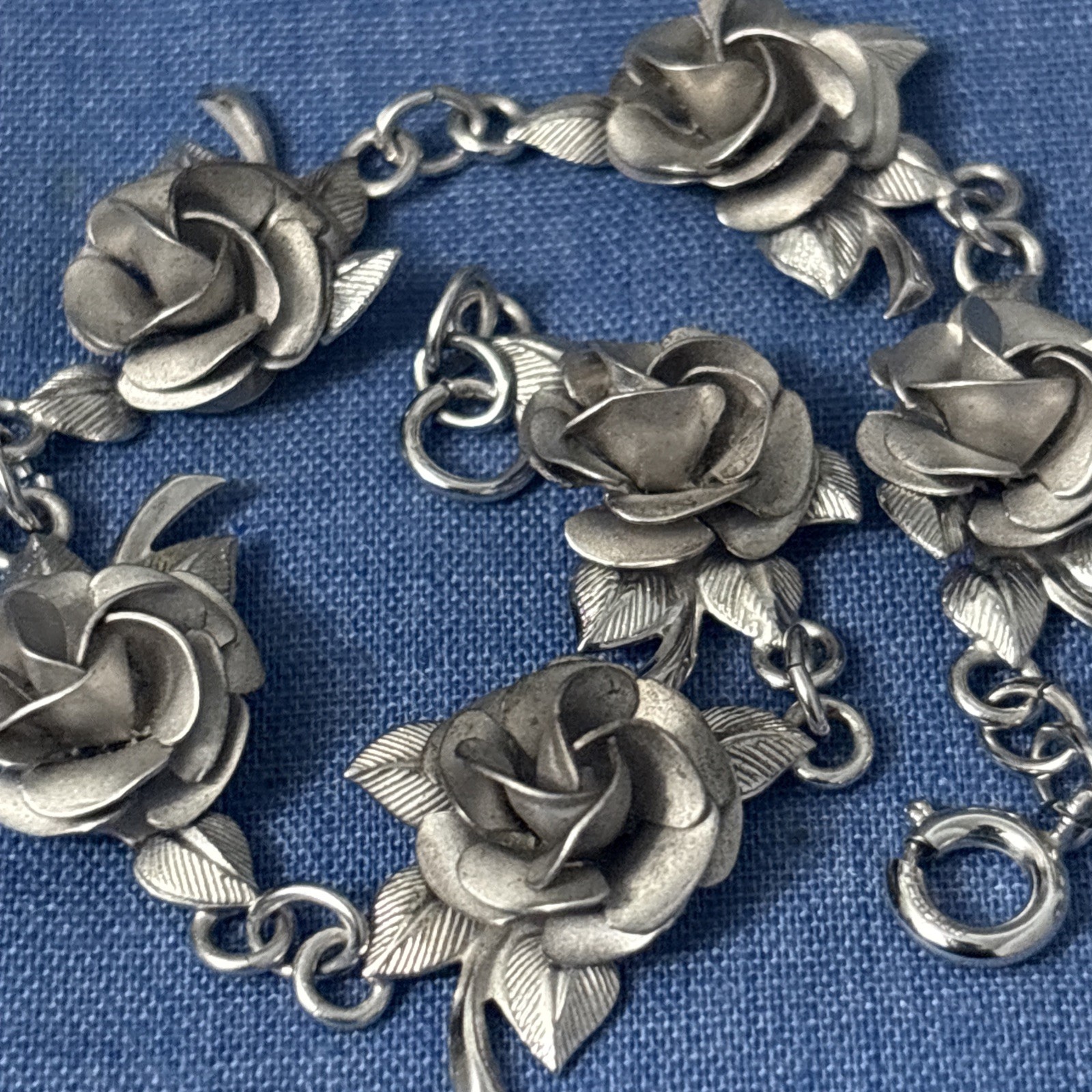 Vintage Sterling Silver Flowers Bracelet Six Roses Signed AC Estate 12g 6.8”
