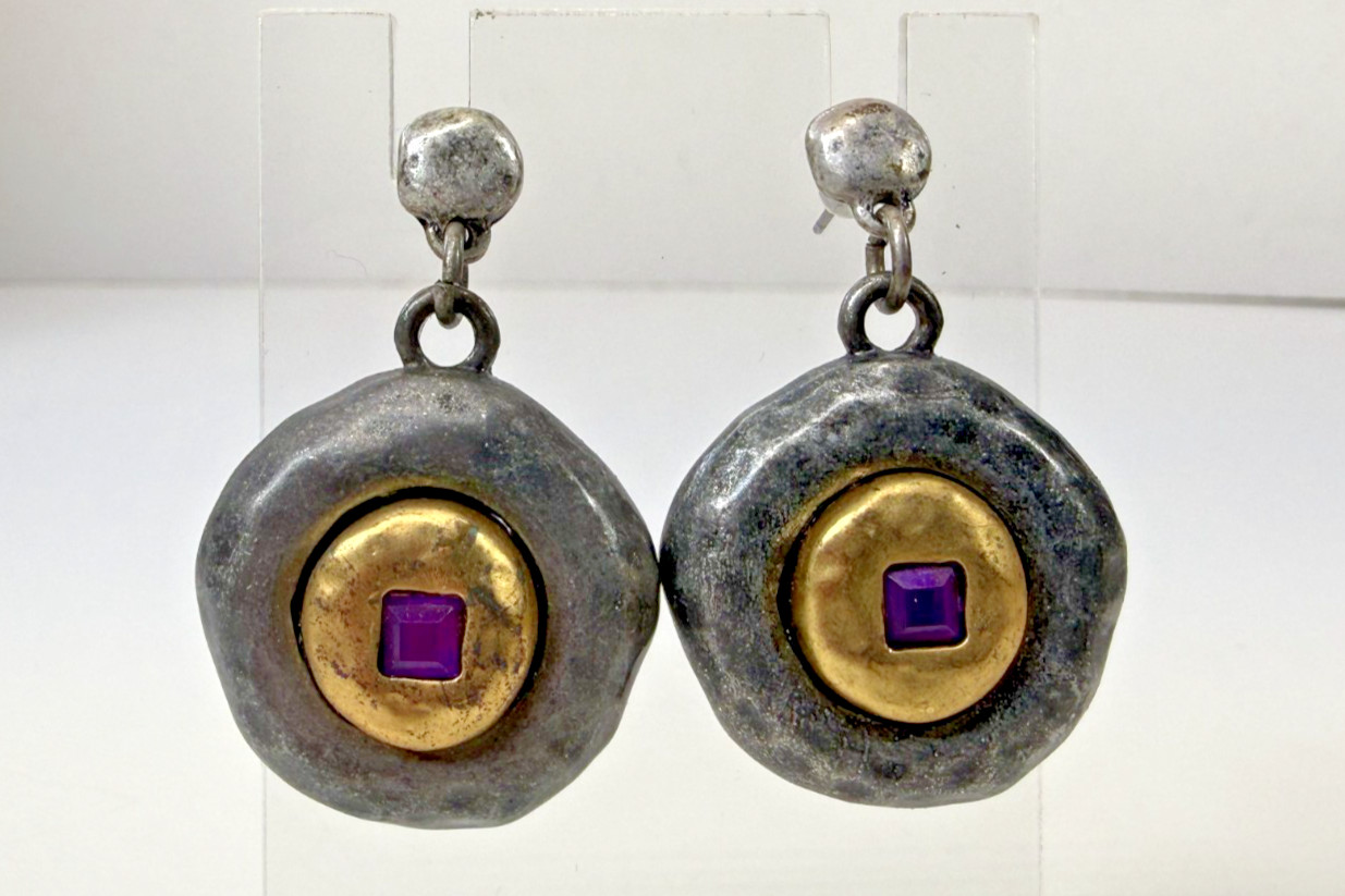 Vintage Hammered Silver & Gold Tone Purple Stone Heavy Dangle Earrings