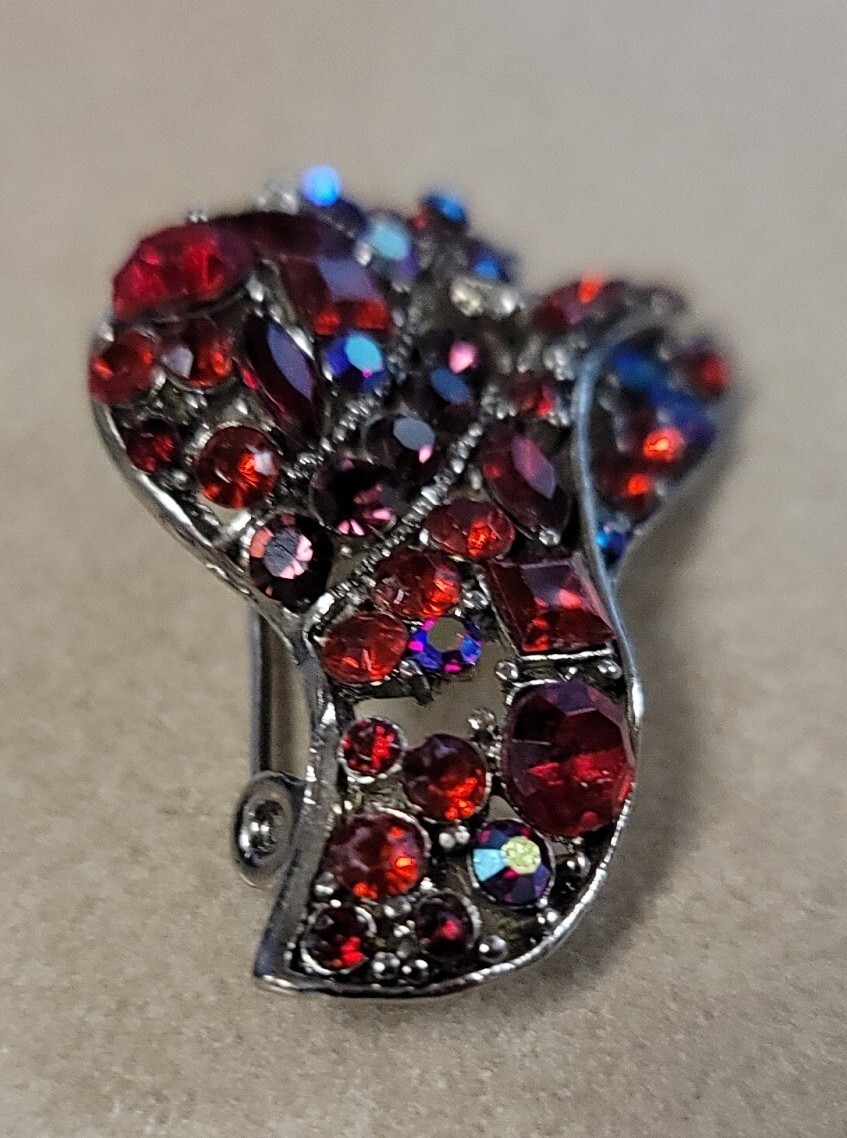 Vtg Red Hat Society Iridescent And Red Rhinestone Open Work Pin Brooch