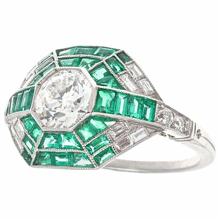 Featuring a 0.96CT Old European Cut CZ With Vivid Green Emerald 1.86CT Deco Ring