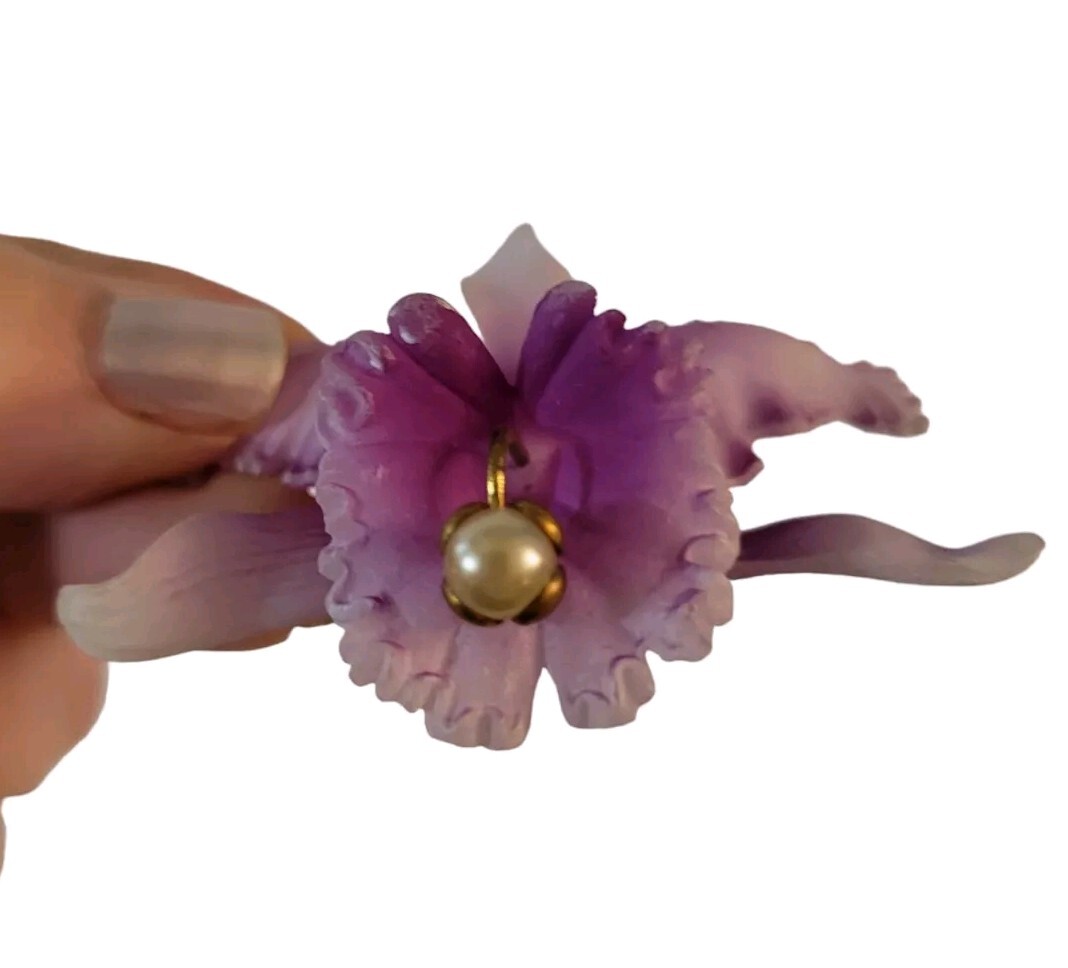 Vintage Acrylic Orchid Brooch With Pearl Purple Germany 2.5″
