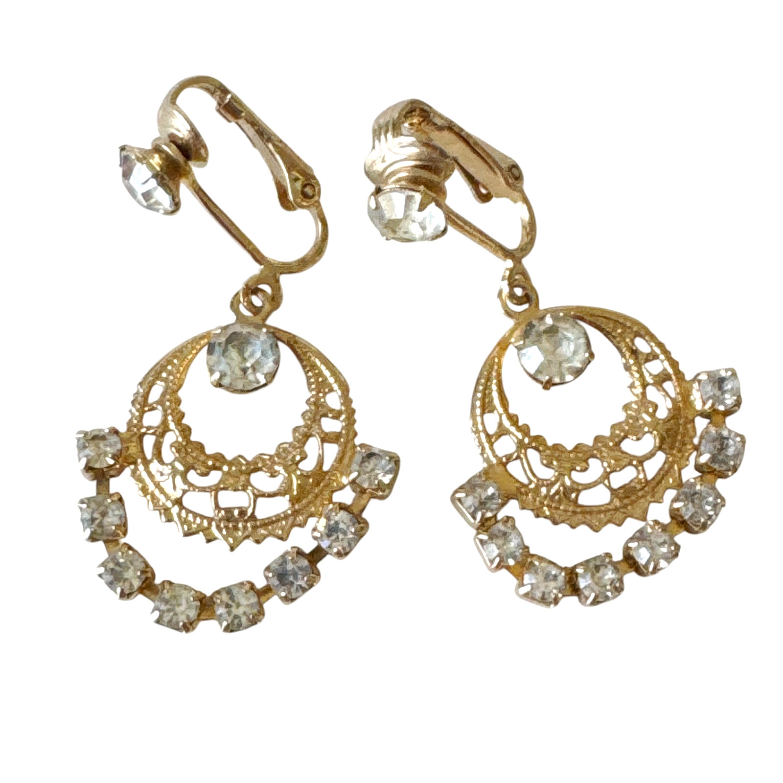 Vtg Sarah Coventry Drop / Dangle Prong Set Rhinestone Clip on Earrings Gold Tone