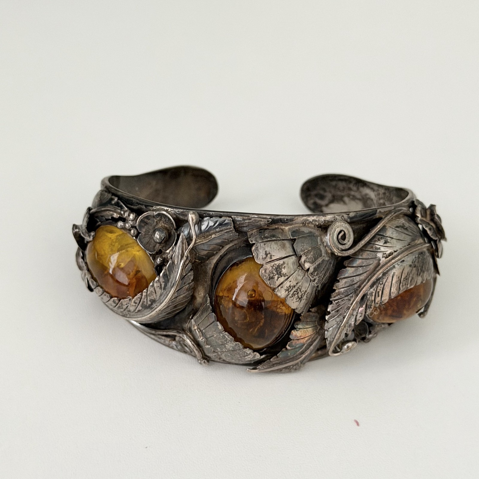 Vintage Sterling Silver Big Chunky Amber Leaf Southwest Cuff Bracelet Heavy