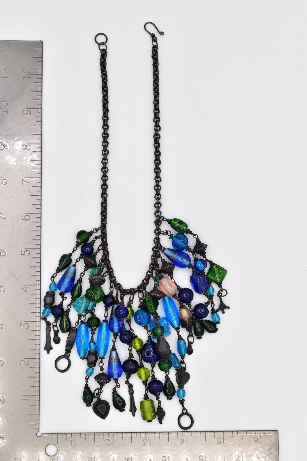 Vintage Glass Beaded Bib Collar Necklace Blue Green Fringe Gunmetal Chunky BinBQ