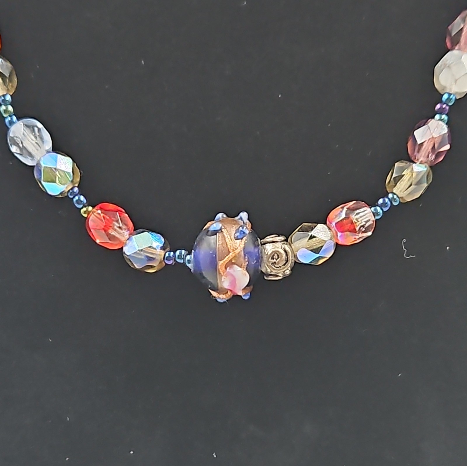 Artisan Glass Beaded Necklace Red Blue Clear Crystal Foil Beads Toggle Clasp VTG