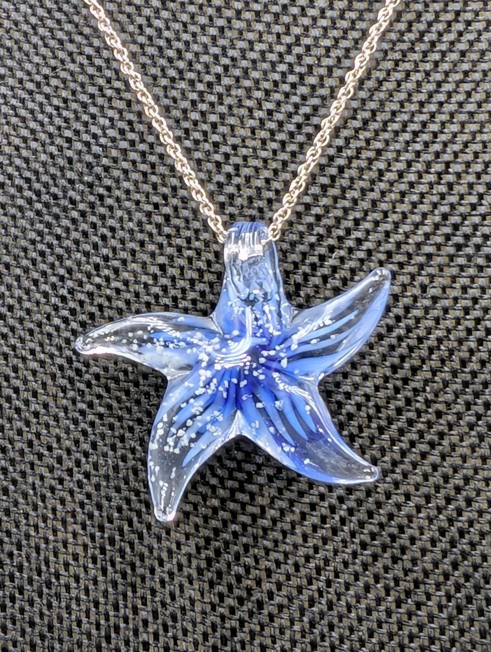 READ! Vtg Blue White Art Glass Starfish Pendant 18″ Sterling Loose Rope Necklace