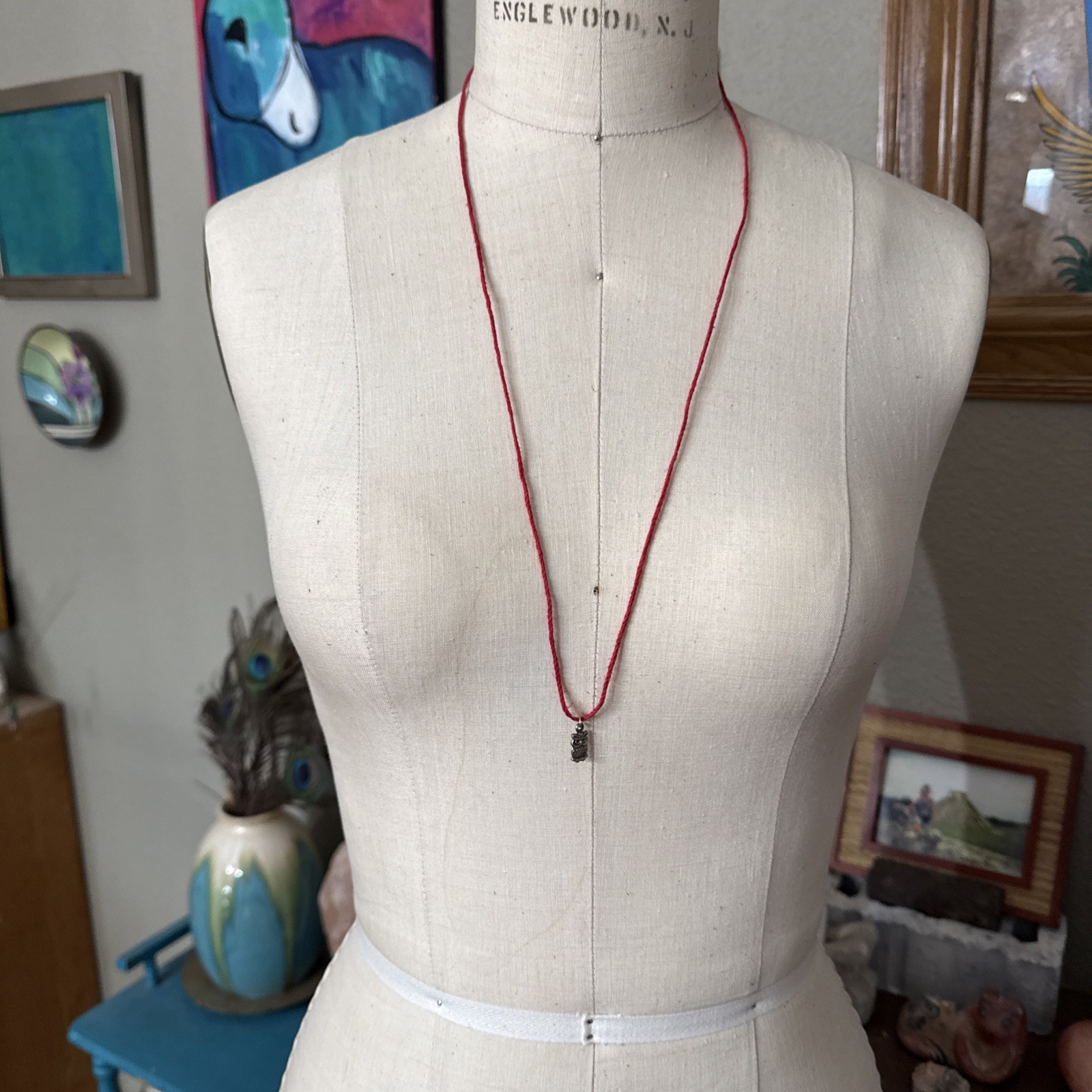 tiny OWL CHARM Dainty Necklace Hemp Cord Boho Festival Tibetan Silver Tone GIFT