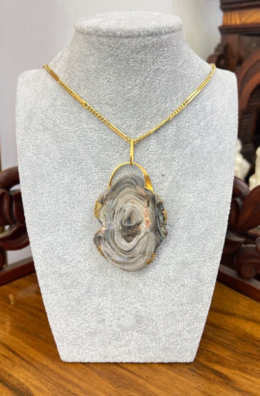 Modernist Gild Gold Neck Pendant Chalcedony Agate Geode Silver Mount Art Frame