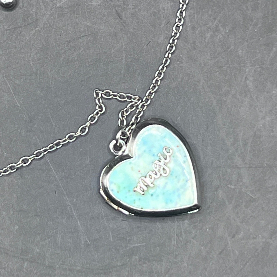 Vintage Locket Pendant Necklace Silver Chain Blue Heart Shape Magic Boho Fashion