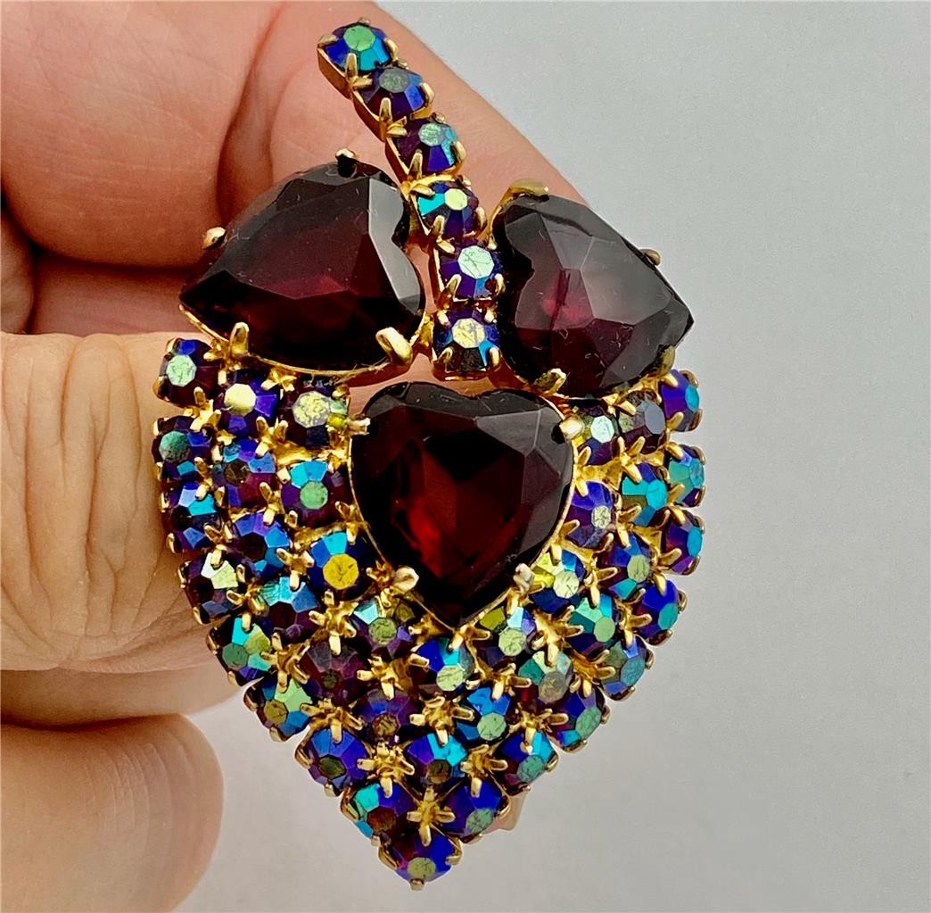 Vintage Red Heart Faceted Glass Leaves & AB Red Rhinestones Fruit Brooch Pin