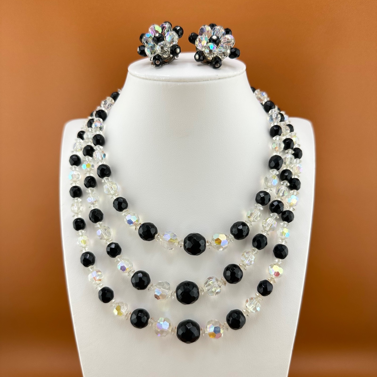 Vintage AB Crystal Bead Necklace Earrings Set Triple Strand Black & Clear 15″