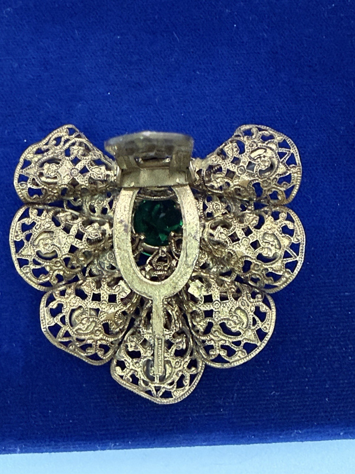 Victorian Czech Gold Tone Filagree Green Stone Dress Clip/ Pin Antique