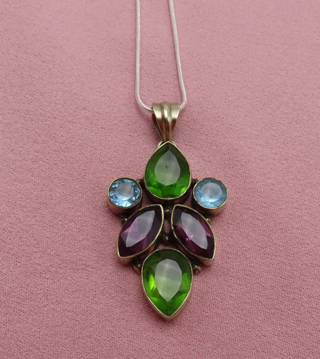 Vintage Sterling Silver Necklace 2 inch Pendant Green Purple Blue Crystal 369c