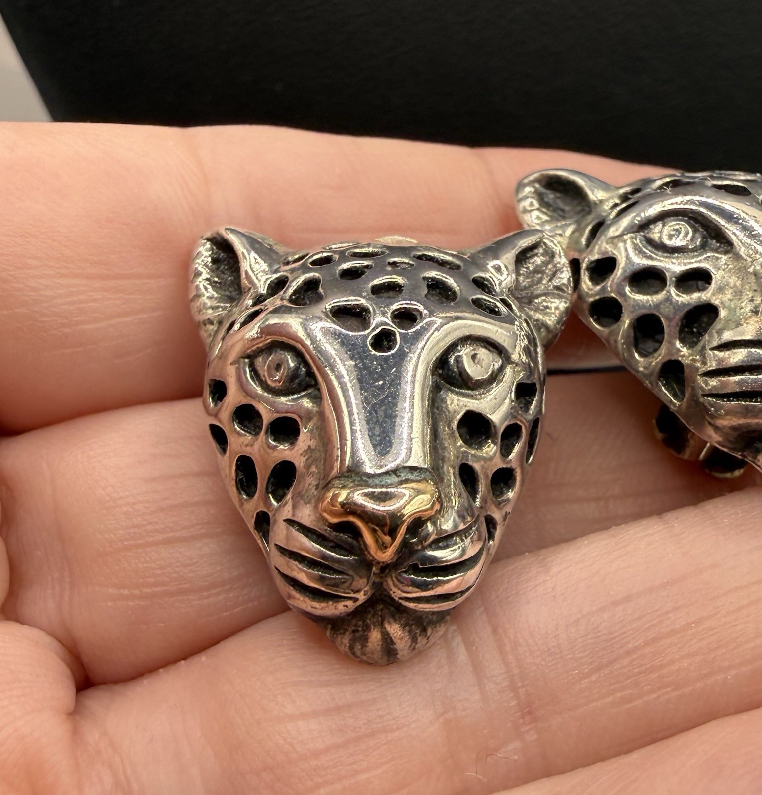 Dian Malouf Sterling Silver 925 & 14k Gold Leopard Head Clip on Earrings