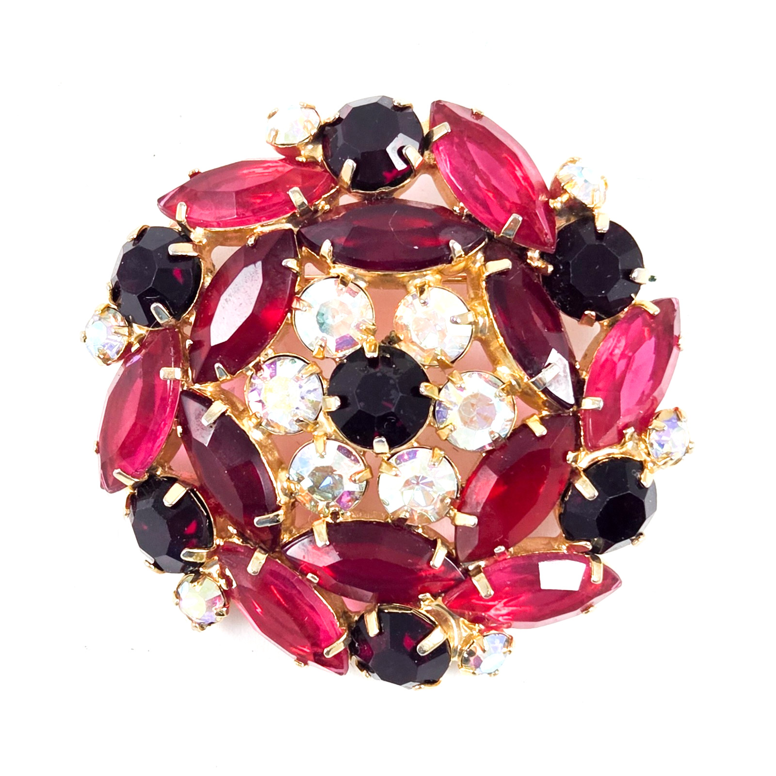 Retro Red Fuchsia Black AB Gold Tone Rhinestone Vintage Brooch