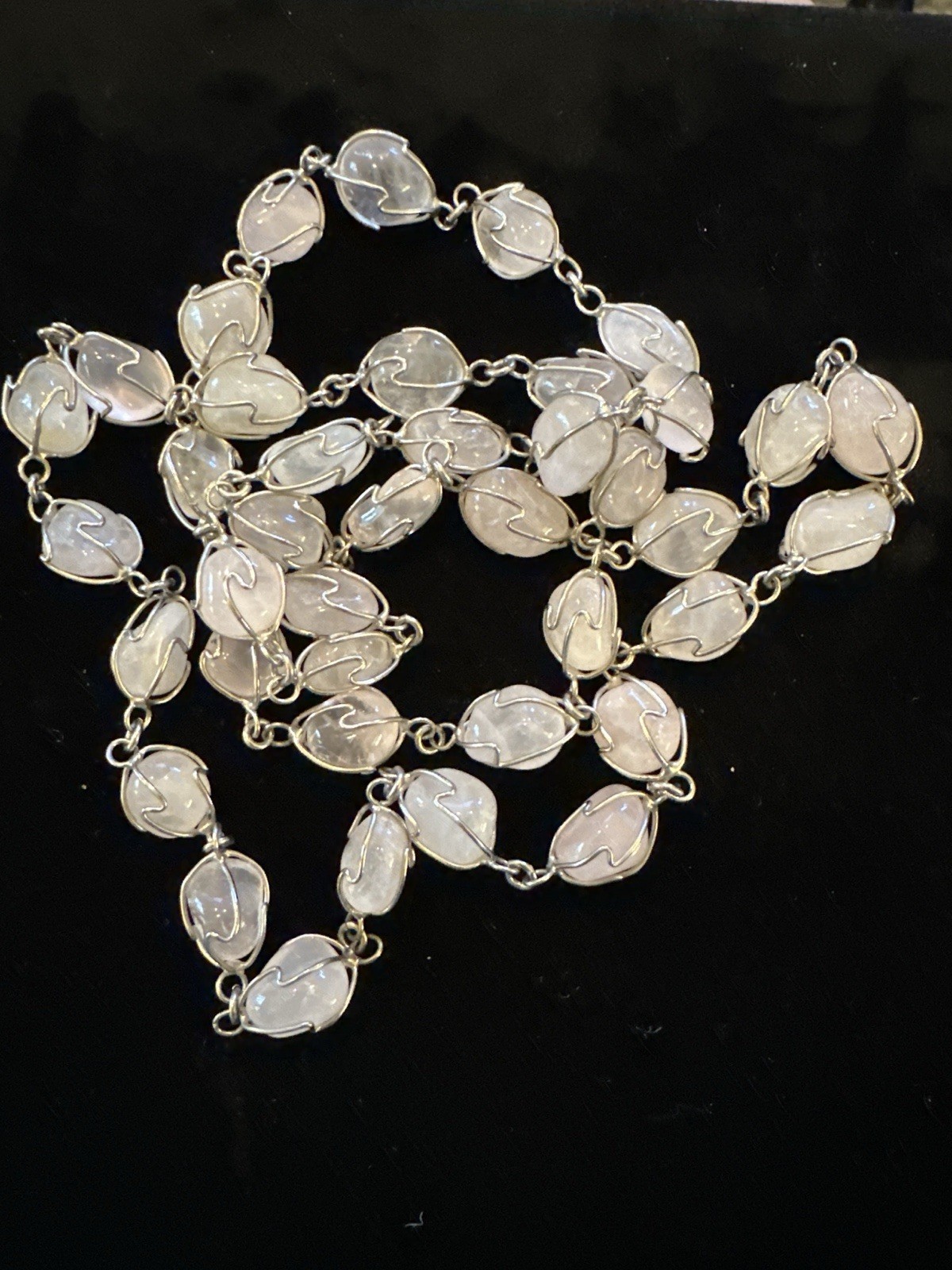 Long Statement Necklace 36” Wire Wrapped Oval Glass Beads Silver Tone Artisan