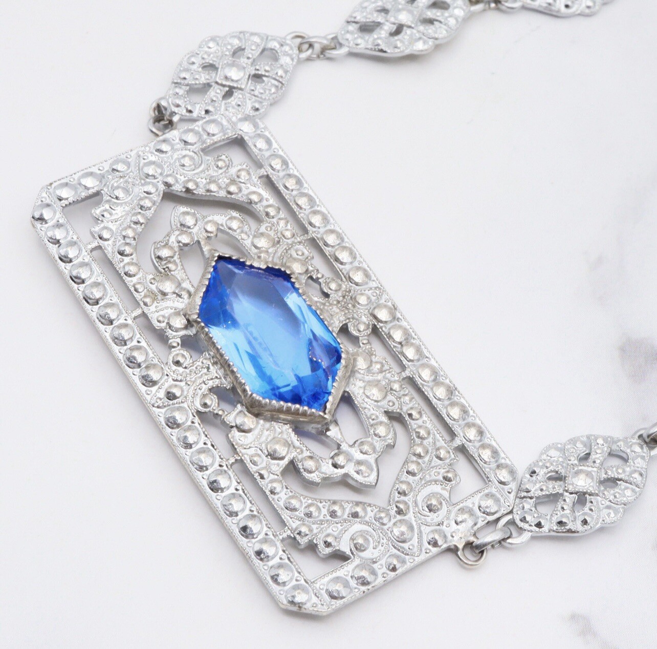Antique Art Deco Blue Lozenge Shape Plaque Rhodium Plated Sterling Necklace
