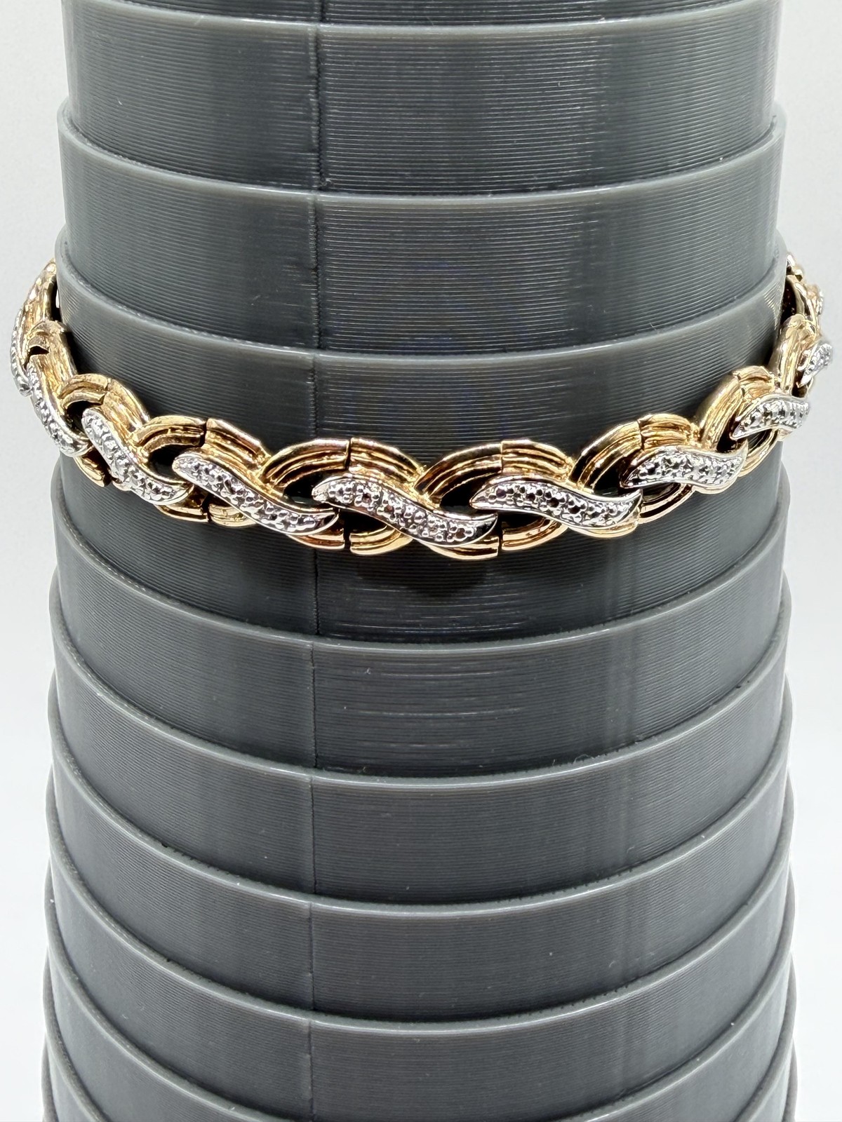 925 STERLING GOLD TWO TONE WAVE LINK BRACELET PAVE CRYSTAL ACCENTS BOX CLASP